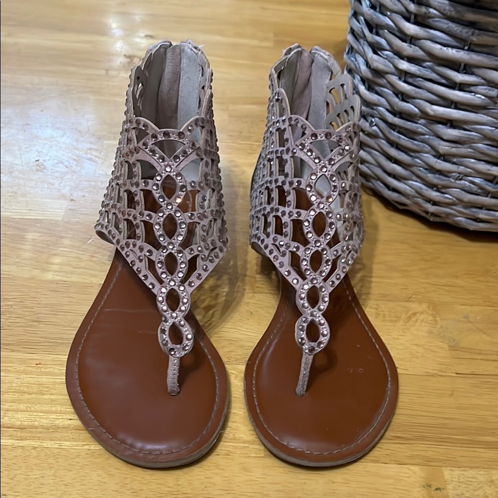 Pink Jeweled Thong Sandals with Ankle Strap